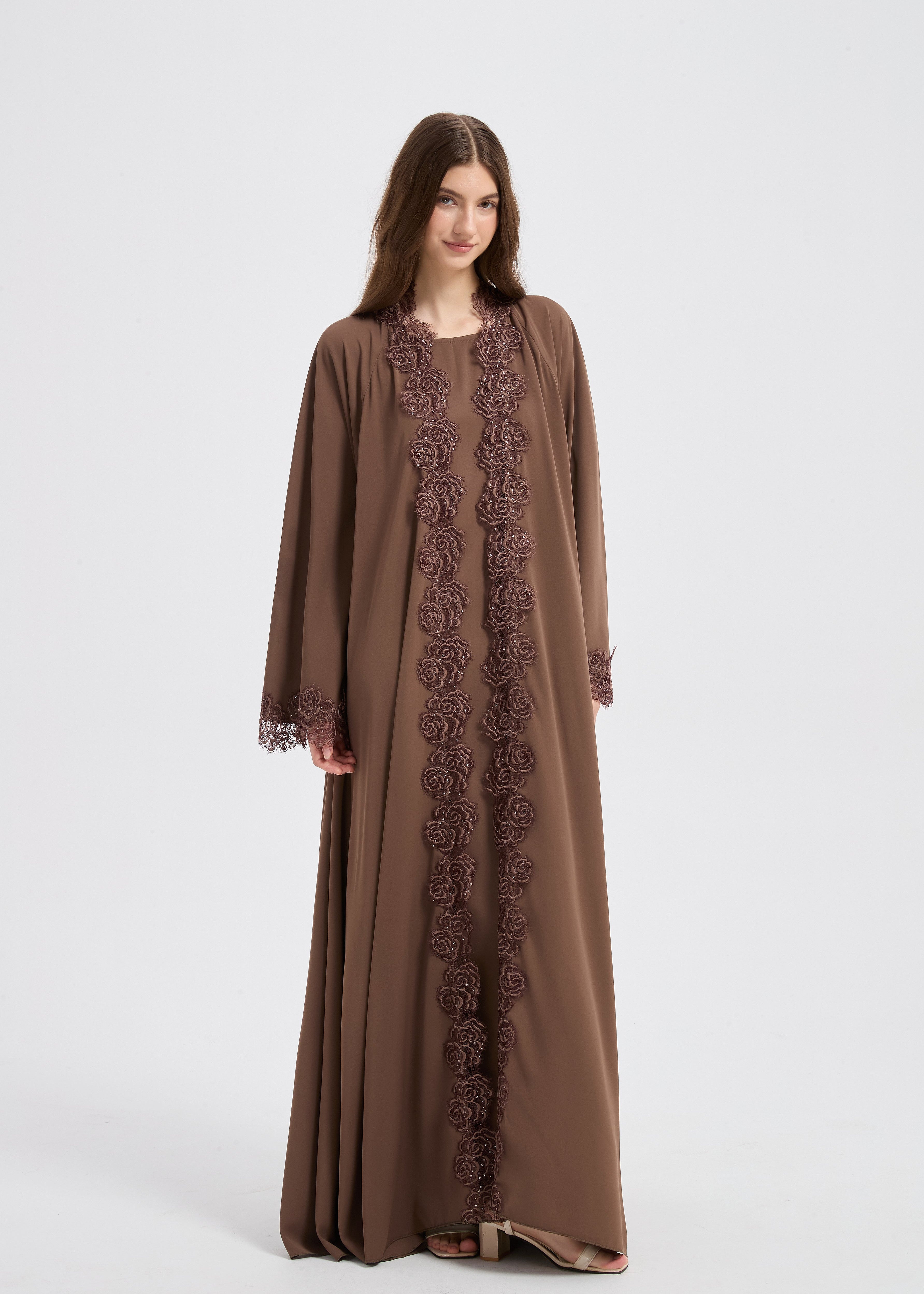Yasmine Lace Abaya Set - Brown