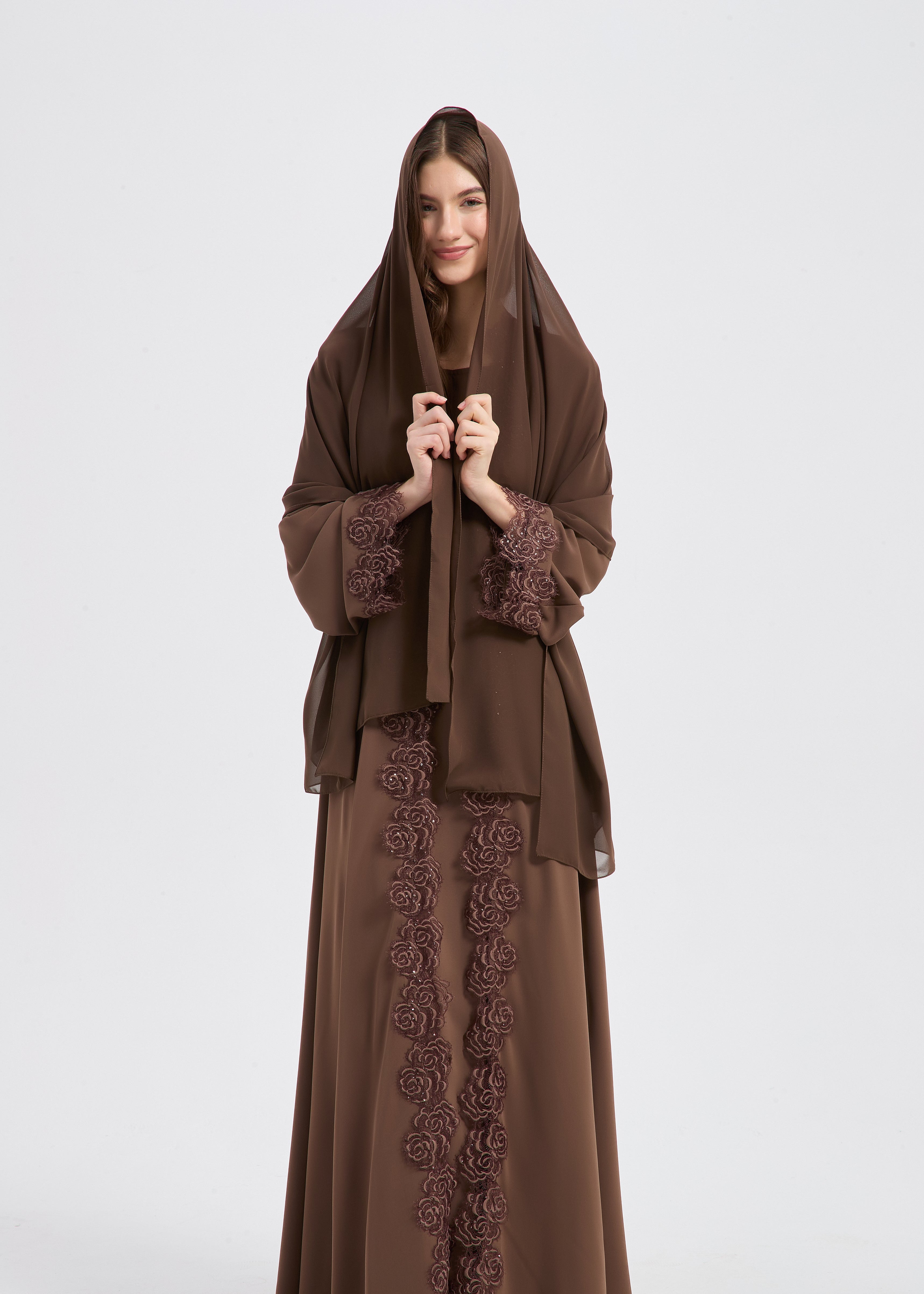 Yasmine Lace Abaya Set - Brown