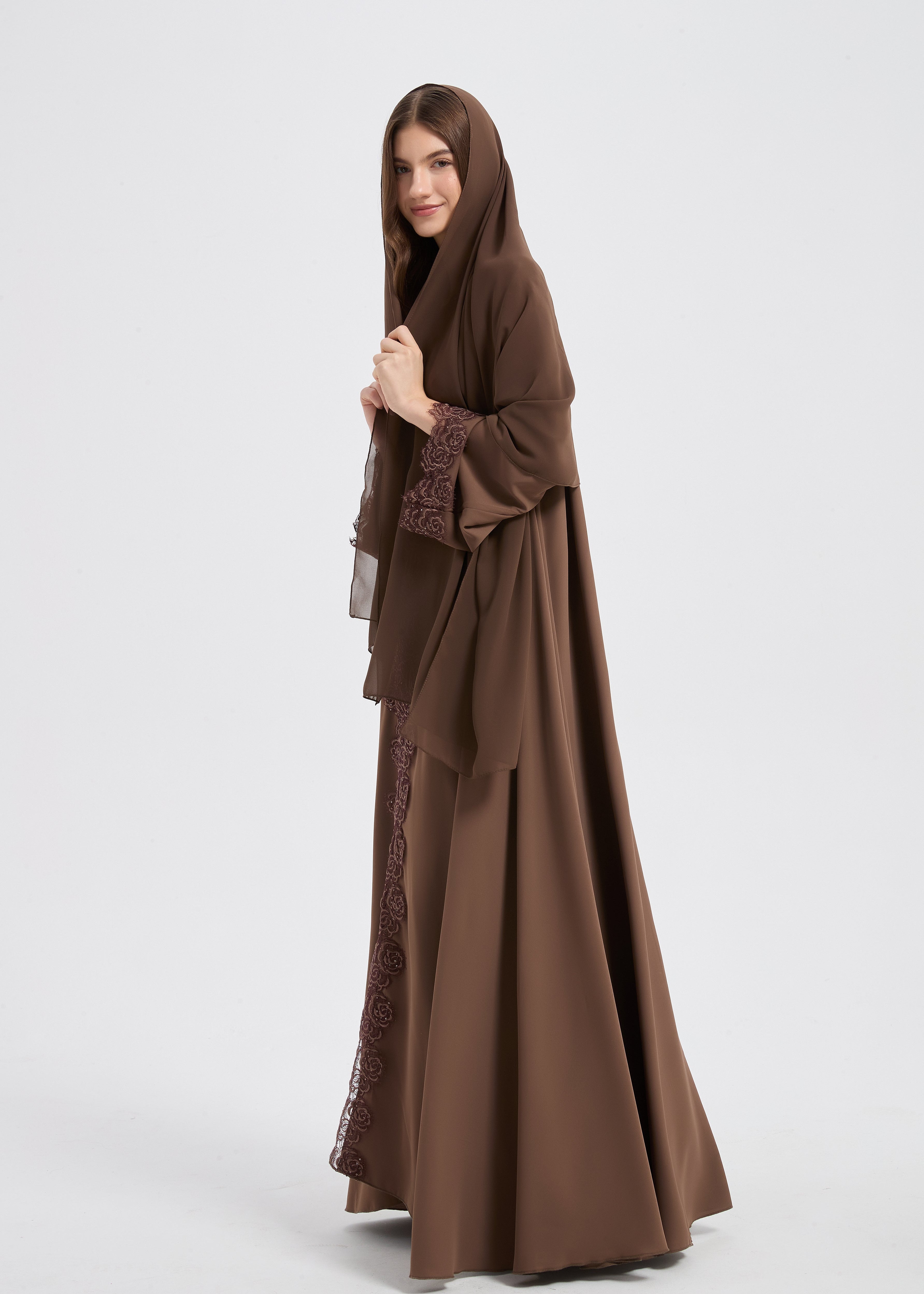 Yasmine Lace Abaya Set - Brown