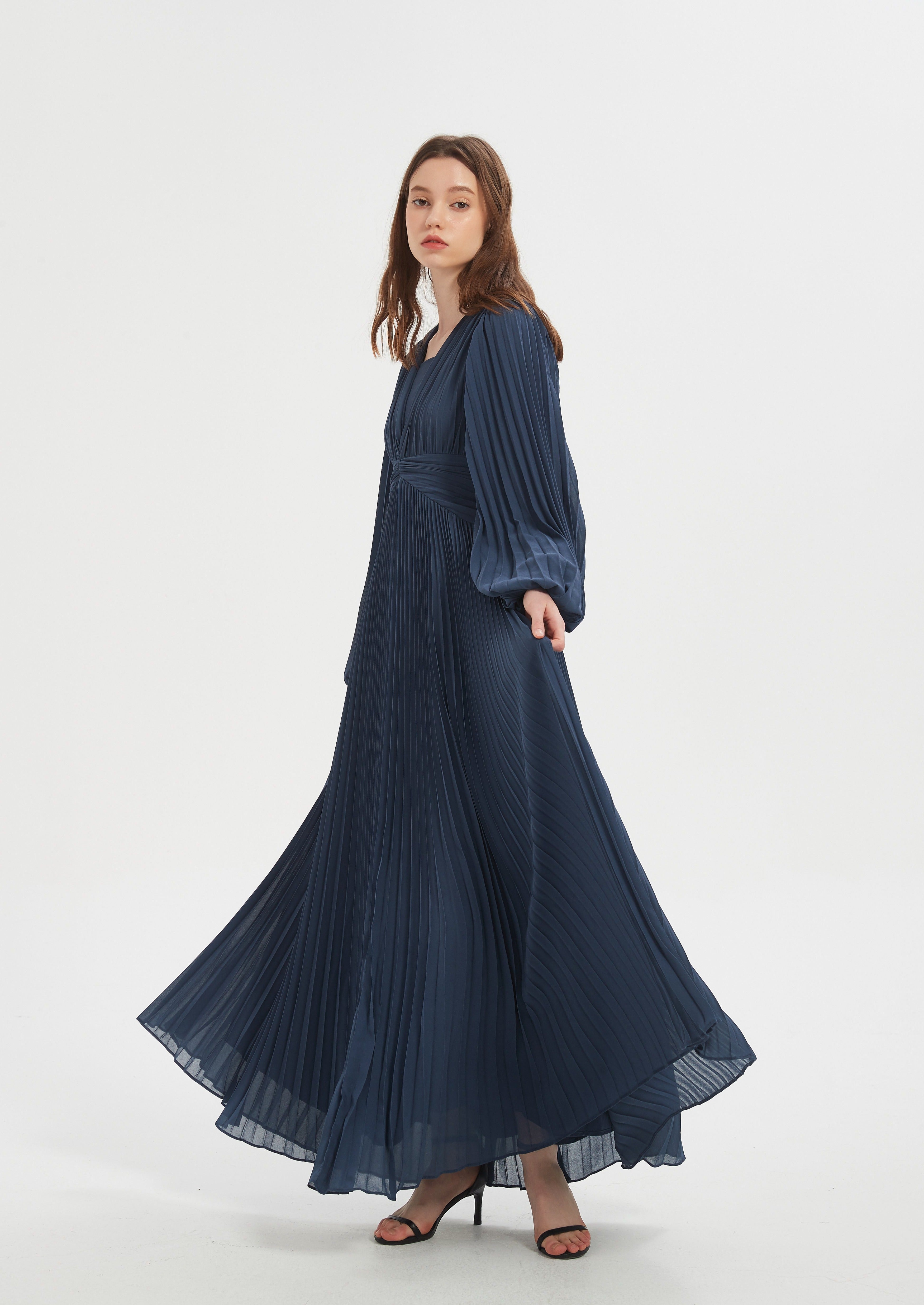 Zarla Pleated Chiffon Gown - Navy