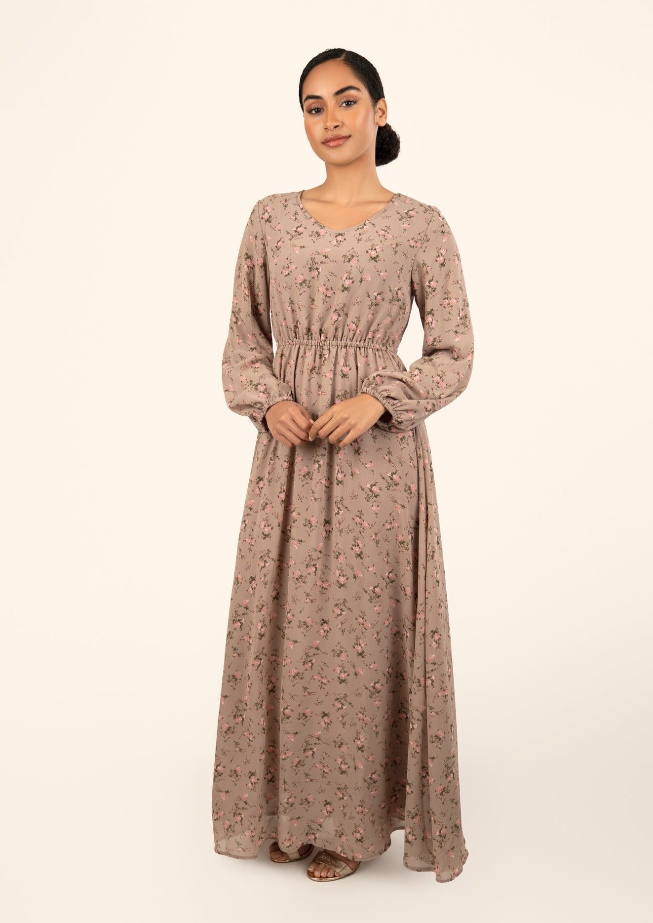 Dalia Floral Maxi Dress - Nude Mauve - AMARIAH