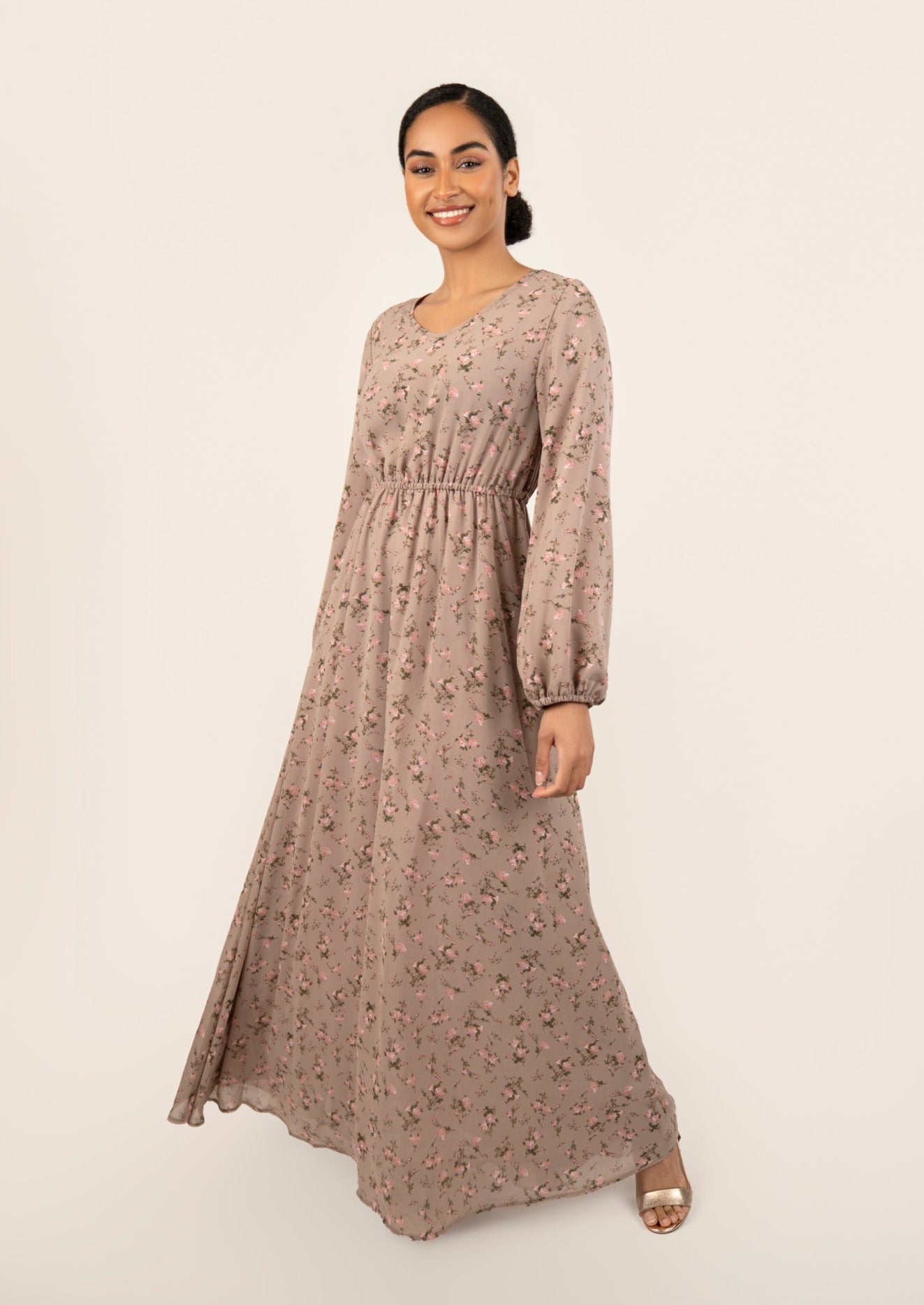 Dalia Floral Maxi Dress - Nude Mauve - AMARIAH